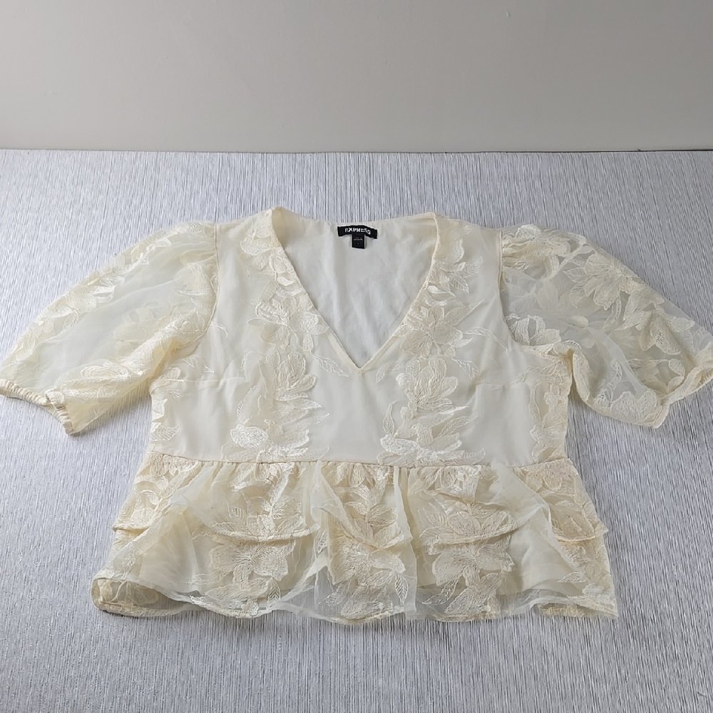 Express Cream Lace Peplum V-Neck Blouse